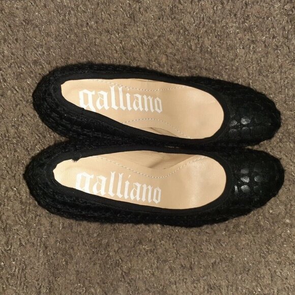 GALLIANO-Black Leather/Crochet Pumps-Croc Embossed Heels-Sz 38-Excellent - Picture 6 of 7